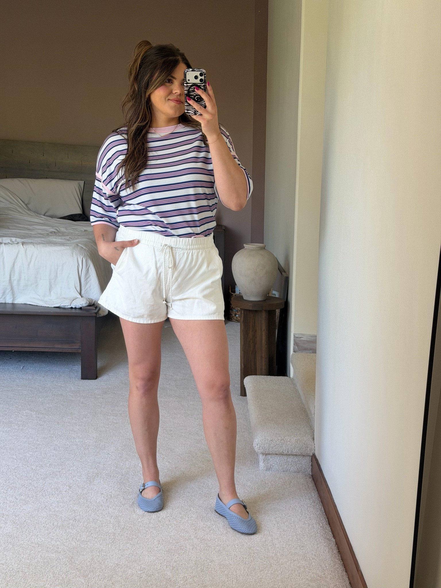 Casual mom friendly summer outfit!

Size large in the elastic waistband denim shorts from target
XL in the Amazon striped tee

Midsize, size 12, size 14, mom style, curvy outfit