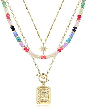 MJartoria Layered Initial Necklaces for Women Trendy, 14K Gold Plated Brass Simple Star Choker Sq... | Amazon (US)