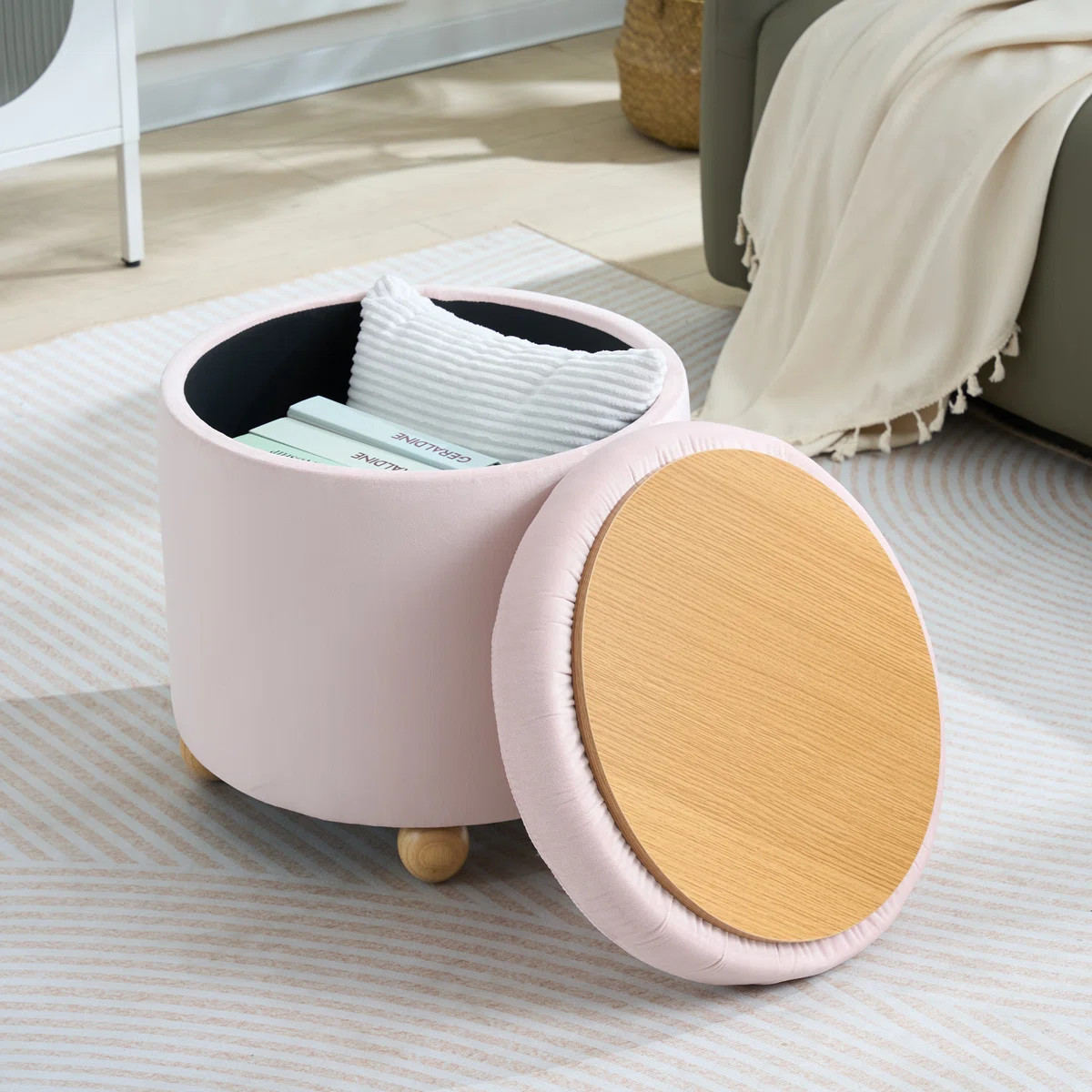 Upholstered Round Storage Ottoman, Tufted Velvet Ottoman, Footrest Stool with Tray | Wayfair North America