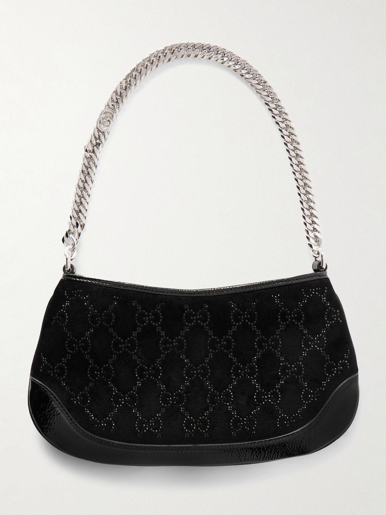 Gucci - Patent Leather-trimmed Crystal-embellished Velvet Shoulder Bag - Black | NET-A-PORTER (US)