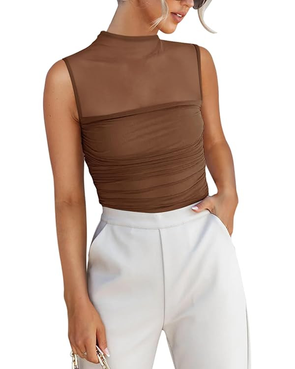 REORIA Women’s Sheer Mesh Sexy Bodysuits Mock Neck Sleeveless Shirts Ruched Trendy Going Out Bo... | Amazon (US)