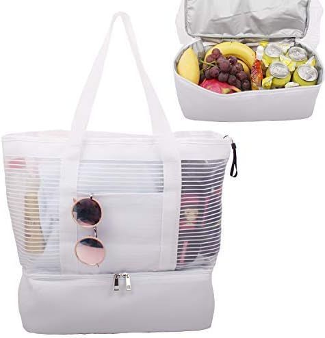 Large Mesh Beach Tote Bag with Zipper and Insulated Picnic Cooler Leak-proof for Beach Pool Outdo... | Amazon (US)