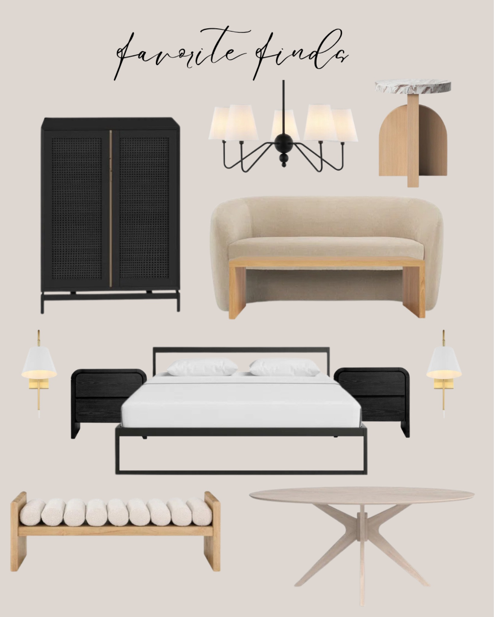 All modern favorite finds:
Black bed. Black nightstands. Gold sconces. Cream loveseat. Natural wood coffee table. Black chandelier. Natural wood side table. Black cabinet. Natural wood bench. Gray wood dining table.

#LTKHome #LTKSaleAlert
