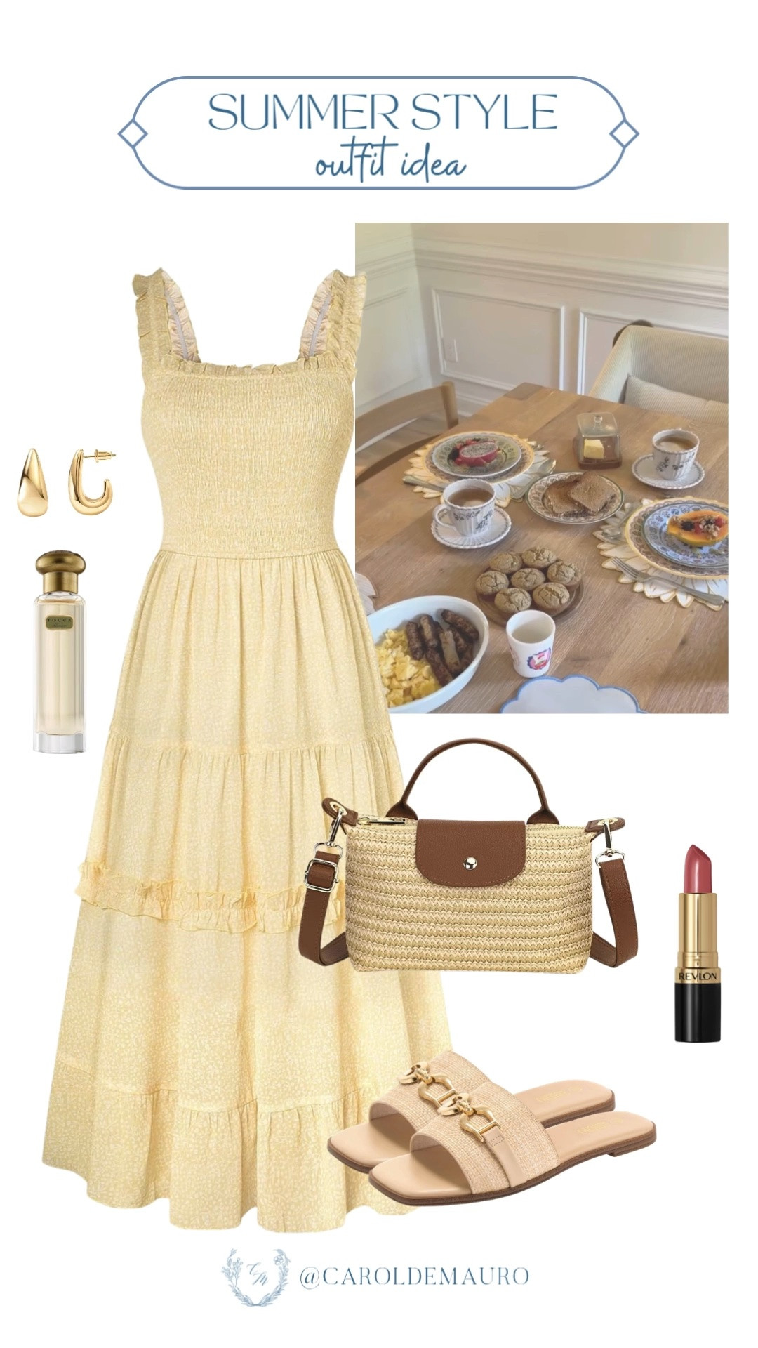 summer outfit, midi tiered dress, smocked dress, woven handbag, raffia bag, beauty favorites, chunky hoop earrings, butter yellow dress, petite fashion

#LTKootd #LTKPetite #LTKU