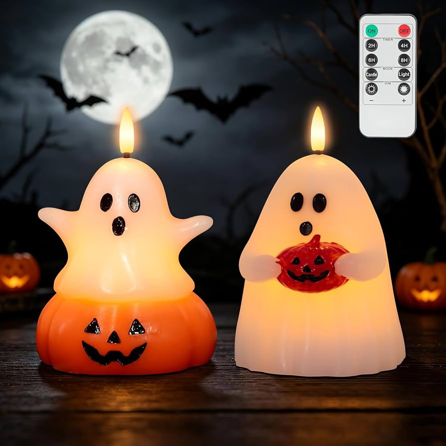 Cute ghost pumpkin Halloween decor with warm flameless LED glow, remote control, perfect for Hall... | Amazon (US)