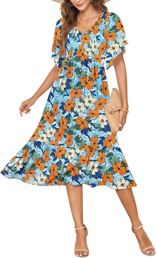 AUSELILY Women's Summer Empire Waist Dress Smocked Flutter Short Sleeve V Neck Midi Dresses 2026 ... | Amazon (US)