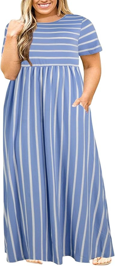 Nemidor Women Short Sleeve Loose Plain Casual Plus Size Long Maxi Dress with Pockets | Amazon (US)