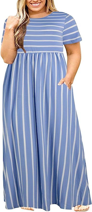 Nemidor Women Short Sleeve Loose Plain Casual Plus Size Long Maxi Dress with Pockets | Amazon (US)