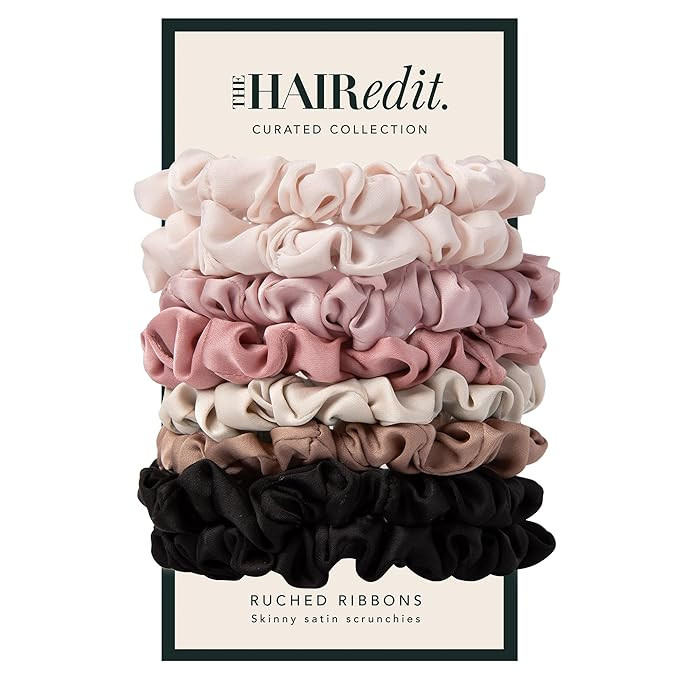 The Hair Edit Ruched Ribbon Skinny Satin Scrunchies 8-Pack, Gentle on Hair and Comfortable for Sl... | Amazon (US)