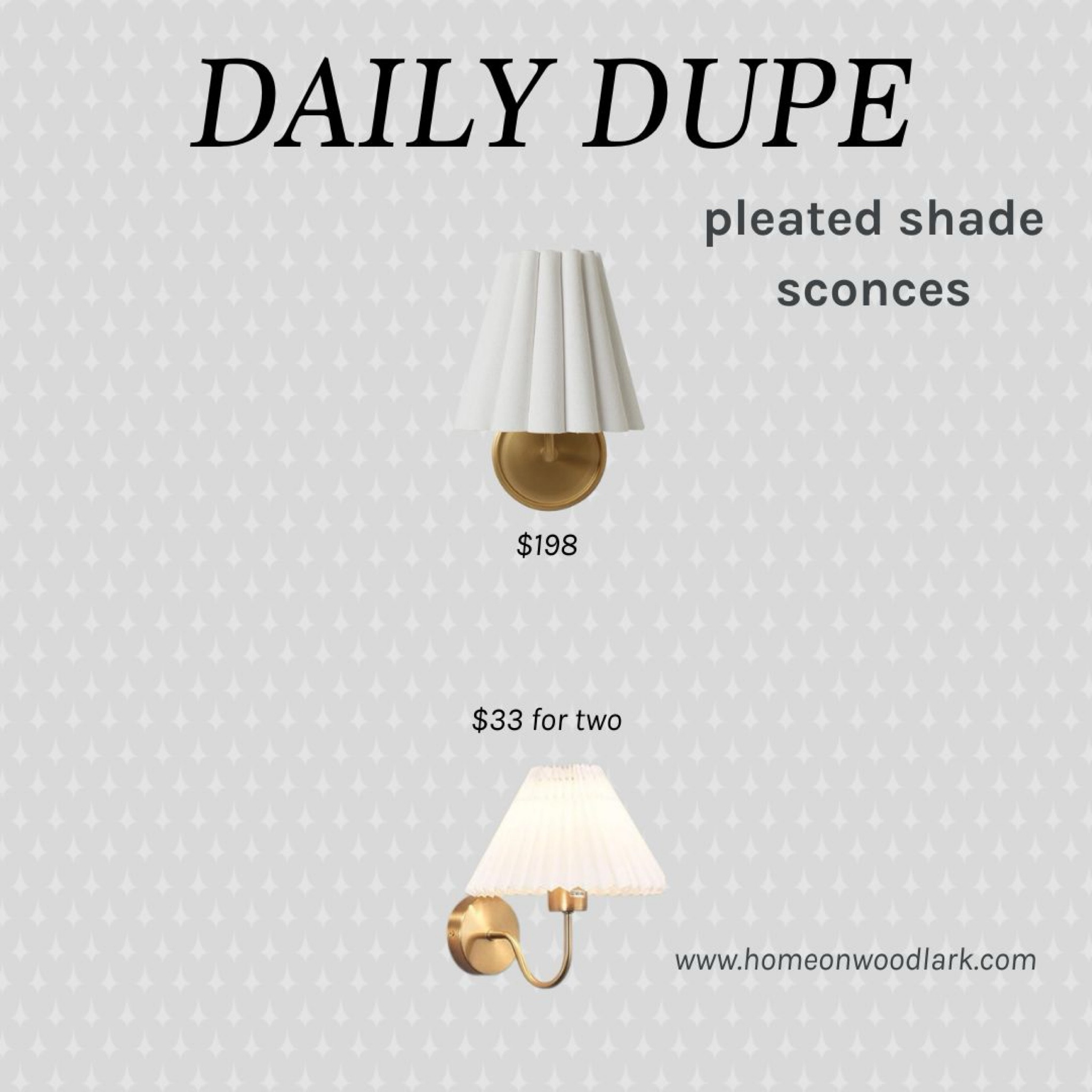 Daily Dupe: pleated shade brass wall sconce.  

Amazon brass sconce.  Lulu and Georgia Matthew’s wall sconce.  


#LTKhome #LTKfindsunder50 #LTKfamily