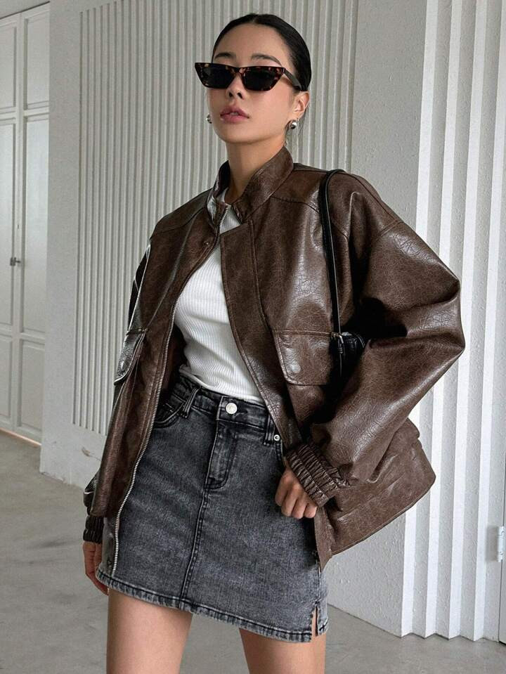 DAZY Flap Pocket Drop Shoulder PU Leather Jacket | SHEIN