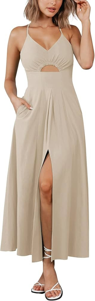 BTFBM Women 2024 Summer Spaghetti Strap Dress Sleeveless V Neck Cutout Slit Casual Beach Party Ma... | Amazon (US)