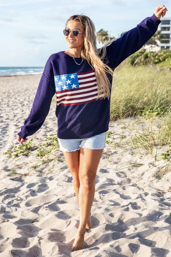 Navy Textured Flag Sweater - Fourth Of July Outfit | Pink Lily
