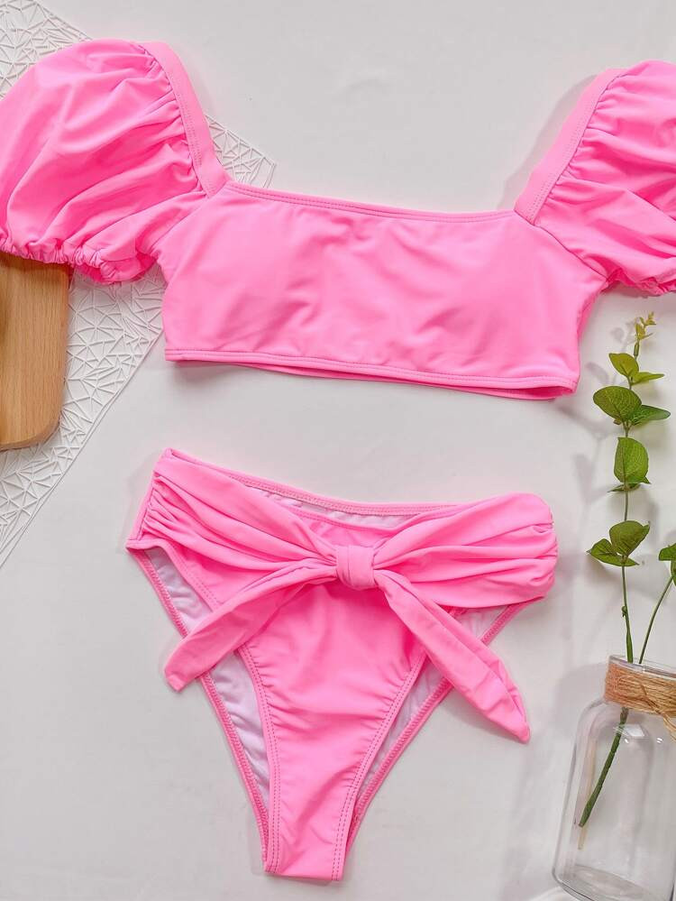 Knot Short Sleeve Bikini Swimsuit | SHEIN