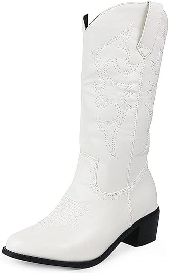 Vimisaoi Mid Calf Boots for Women, Pull On Pointed Toe Block Chunky Heel Floral Embroidered Weste... | Amazon (US)
