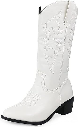 Vimisaoi Mid Calf Boots for Women, Pull On Pointed Toe Block Chunky Heel Floral Embroidered Weste... | Amazon (US)