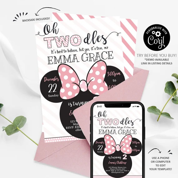 Minnie Mouse Invitation, Minnie Mouse 2nd Birthday Invitation Printable, Oh Twodles Invite, Girl ... | Etsy (US)