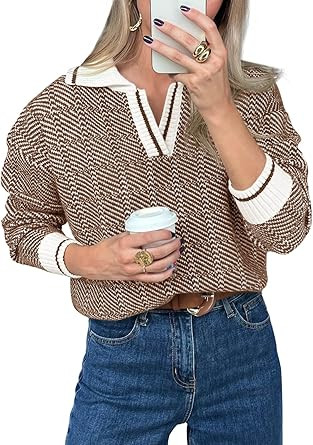 Saodimallsu Womens Fall Sweaters Tops Lapel V Neck Knit Sweater Color Block Long Sleeve Casual So... | Amazon (US)