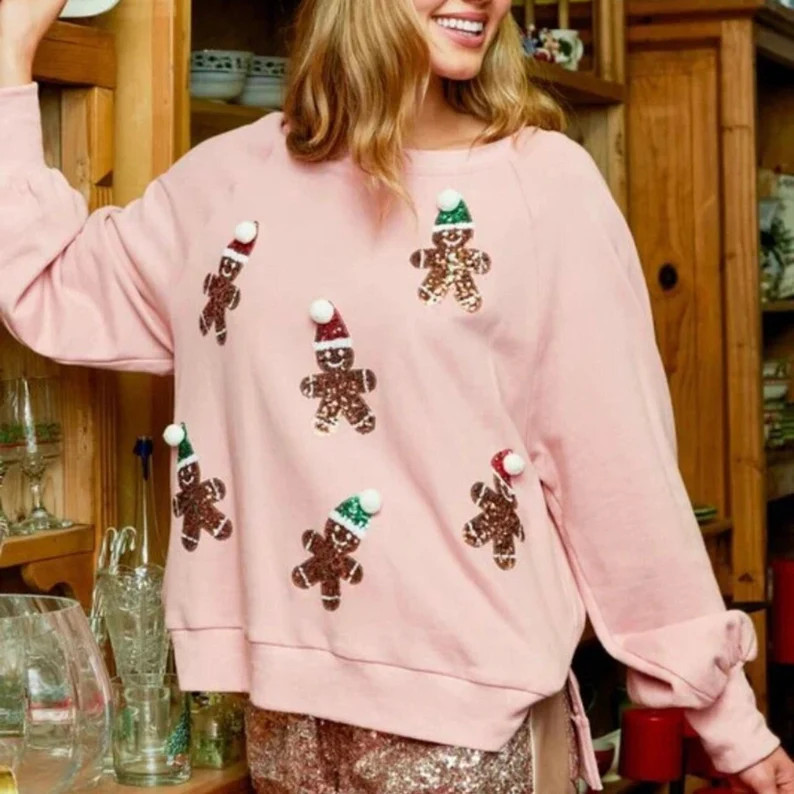 Sequin Gingerbread Pink Christmas Sweater Christmas Sweater - Etsy | Etsy (US)