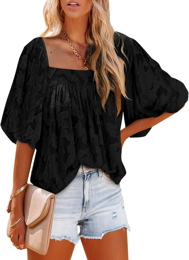 EVALESS Square Neck Summer Tops for Women 3/4 Puff Sleeve Lace Floral Flowy Ladies Tops and Blous... | Amazon (US)