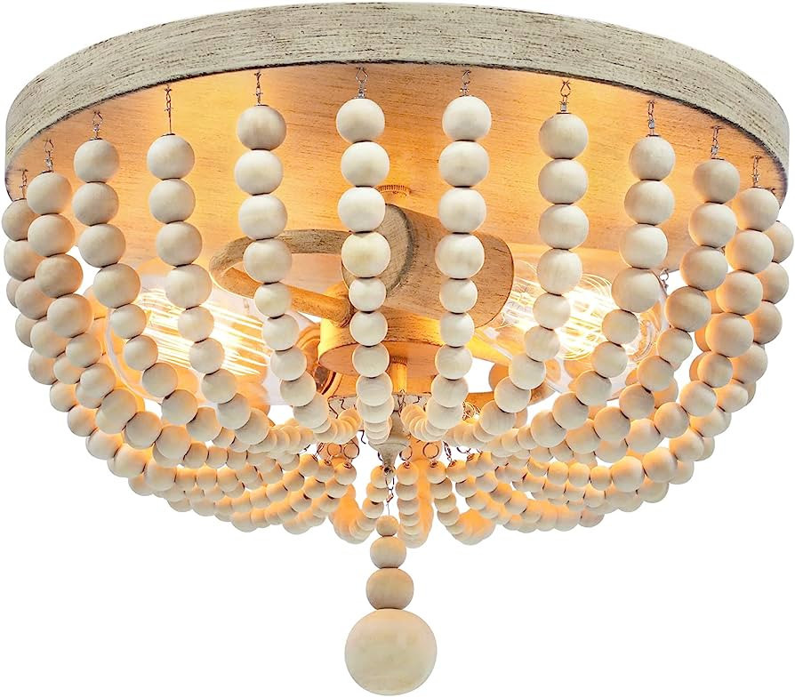 Farmhouse Wood Beaded Chandelier, Bohemia Ceiling Lamp, Rustic 2-Light Pendant Light Fixture, Sem... | Amazon (US)