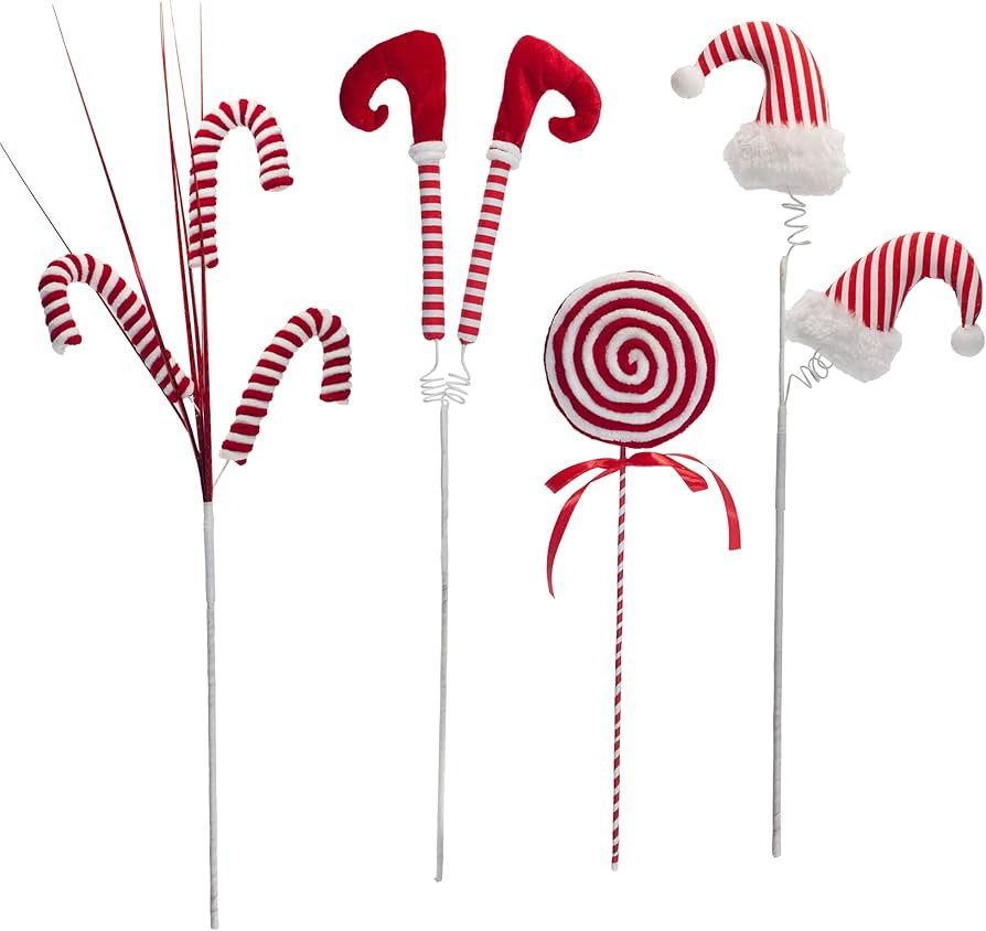 4PCS Red/White Stripes Christmas Picks for Christmas Tree, Stuffed Knit Elf Legs Hats, Candy Cane... | Amazon (US)
