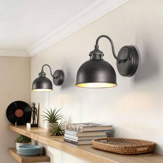 Modern Farmhouse 6.6 in 1-Light Brushed Black and Silver Wall Sconce with Dome Metal Shade, LED Compatible Wall Light | The Home Depot