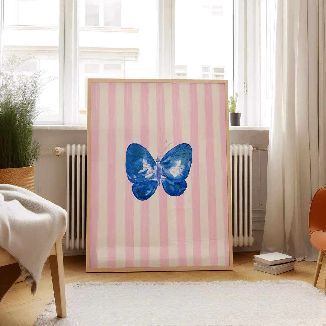 Pink Striped Blue Butterfly Art Print, Digital Print, Wall Art, Trendy Decor, Abstract Vintage Pa... | Etsy (US)