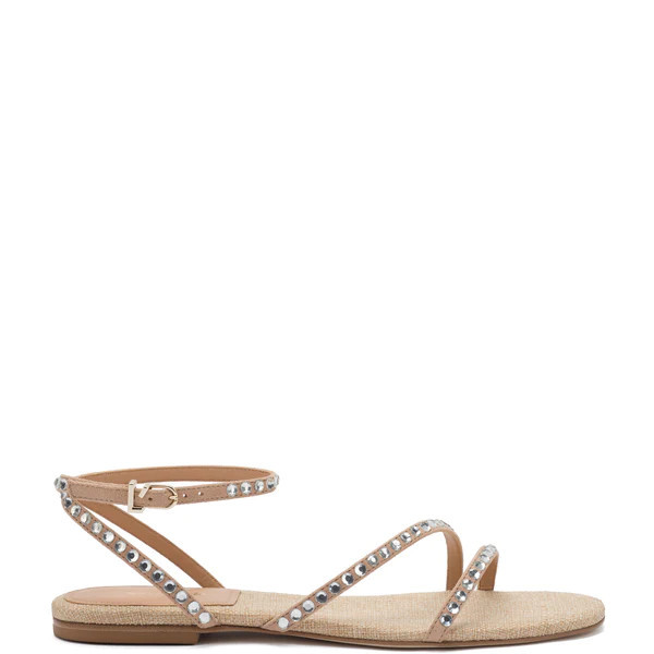 Patmos Crystal Flat Sandal In Tan Suede and Raffia | Larroude