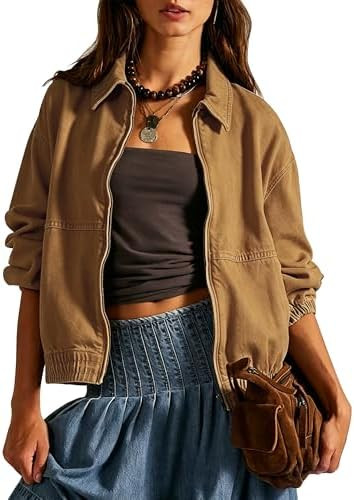 Womens Denim Jackets Long Sleeve Zip Up Elastic Hem Classic Loose Jean Bomber Jacket Outfit | Amazon (US)