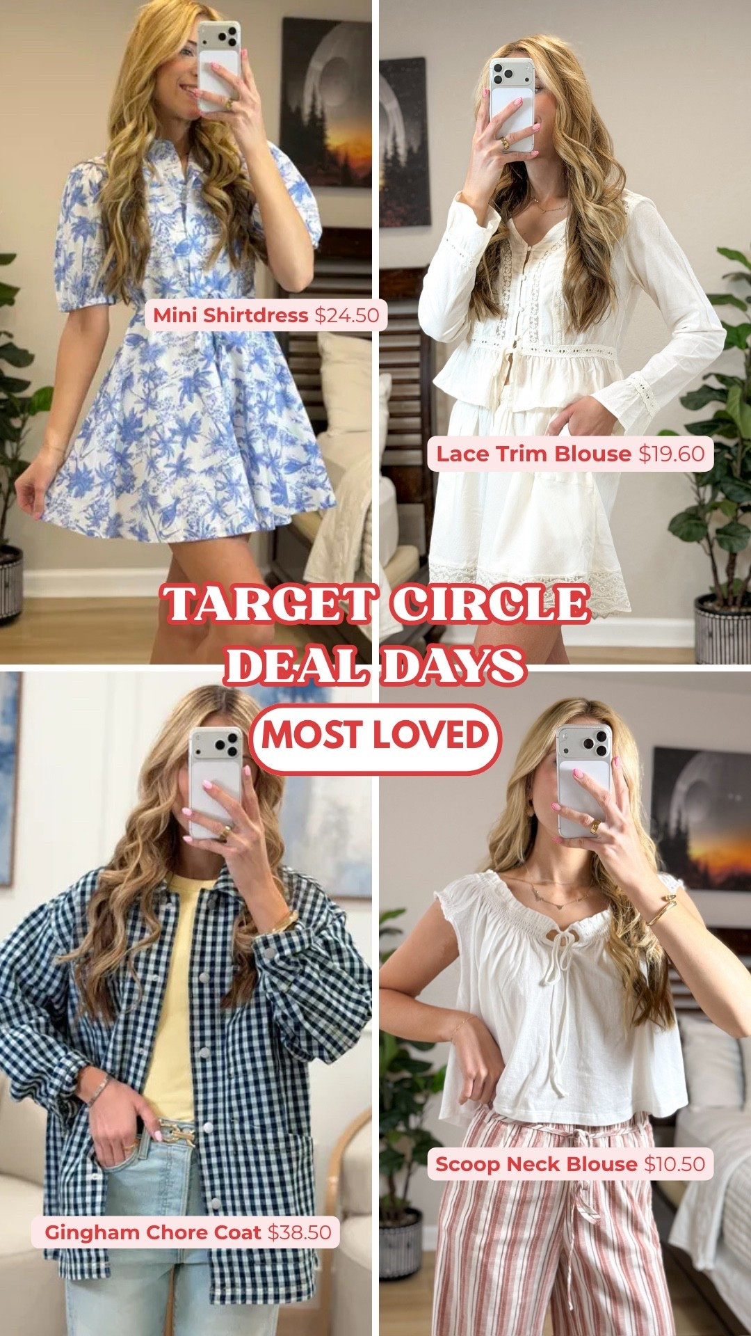 Most loved picks from Target Circle Deal Days — blue floral mini shirtdress $24.50, white lace trim blouse $19.60, navy gingham chore coat $38.50, and a white scoop neck blouse for just $10.50. These are the ones everyone is grabbing right now. All linked! ✨

#LTKSaleAlert #LTKSeasonal #LTKootd