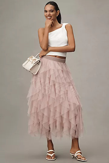 By Anthropologie Ruffled Tulle Midi Skirt | Anthropologie (US)