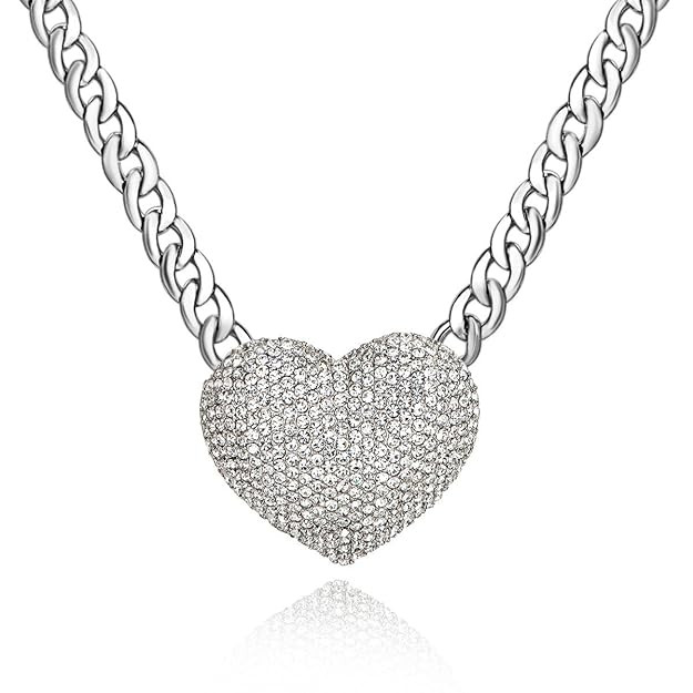 Qiji Women's Statement Sparkly Heart Necklace Blingbling Rhinestone Chunky Chain Necklace Punk Ro... | Amazon (US)