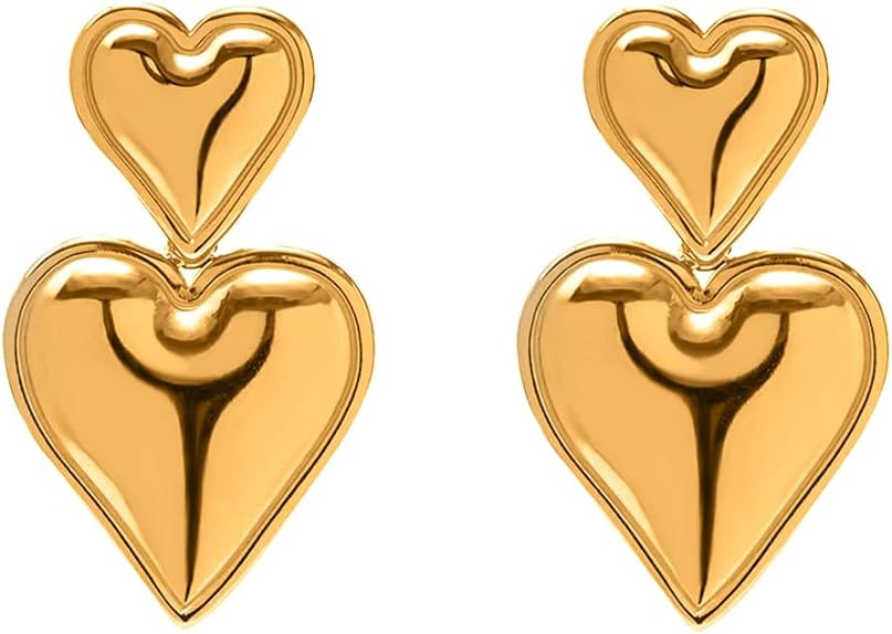 Heart Drop Earrings Double Heart Statement Dangle Earrings for Women Gold Silver | Amazon (US)