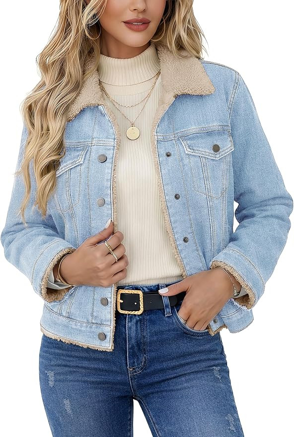 Women's Denim Jacket Sherpa Lined Fleece Jean Coat Fur Collared Warm Button Down Trucker Jackets ... | Amazon (US)