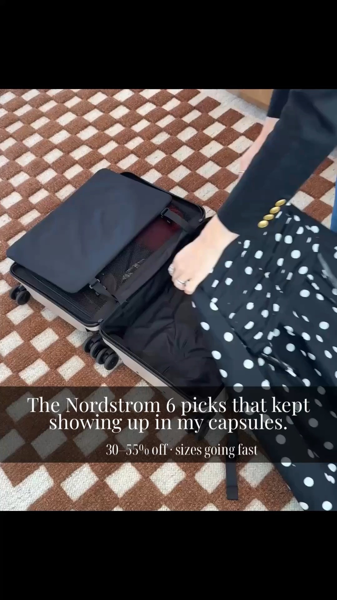 The Nordstrom 6 recommended these at full price. Now they're on sale at Nordstrom.
The polka dot dress that made its way into more than one of my trademark capsules is marked down. Part of my Not Your Basic Black and White Capsule — 95 outfits, one carry on. Limited quantities.
