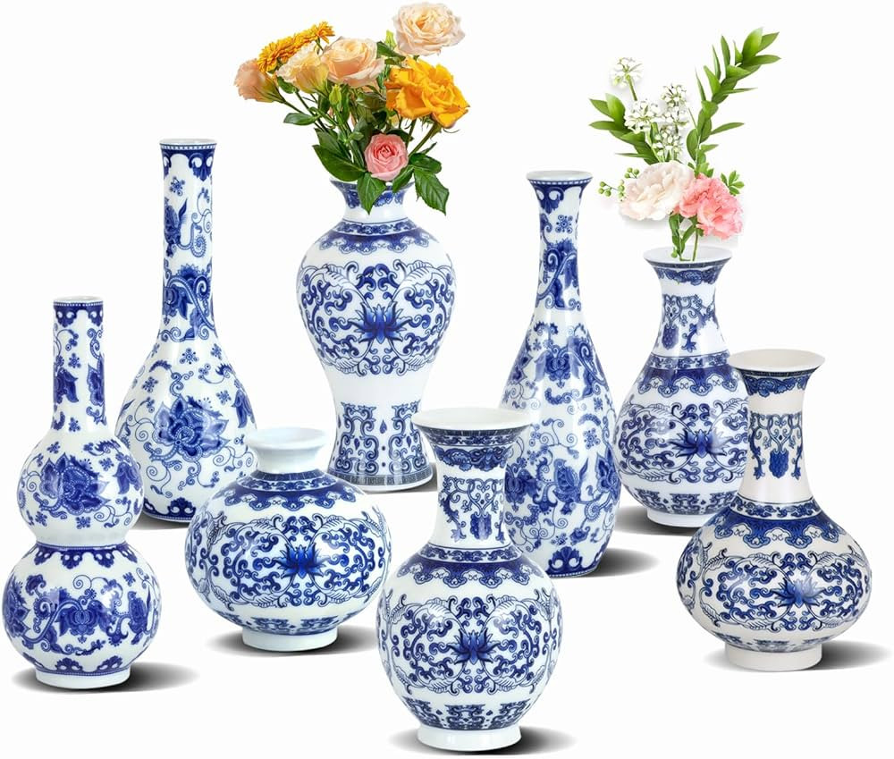 Set of 8 Chinoiserie Vase Blue and White vases Home Decor Blue Bud vases for Home Table Decor Cen... | Amazon (US)