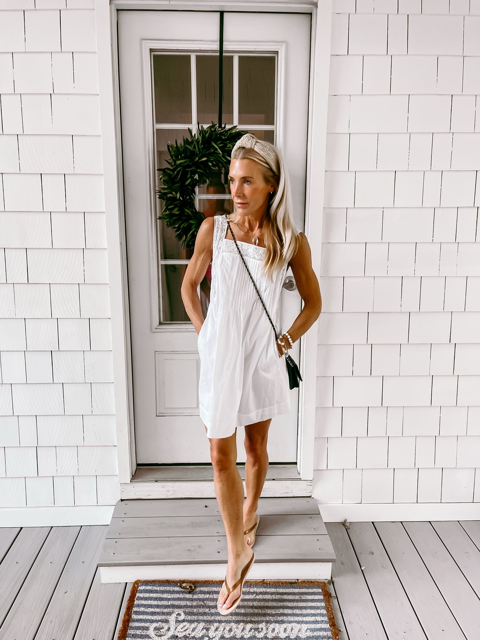 Perfect white summer dress from Madewell. I also linked this cute outdoor coastal mat from Target