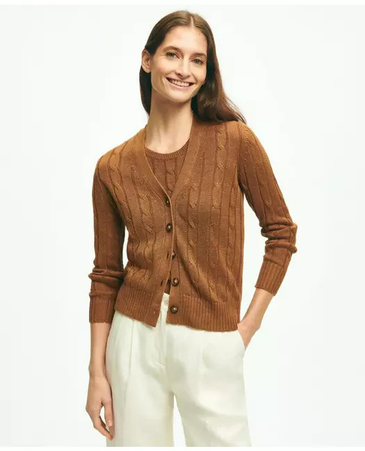 Brooks Brothers Women's Cable Knit Cardigan In Linen | Medium Brown | Size Large | Brooks Brothers