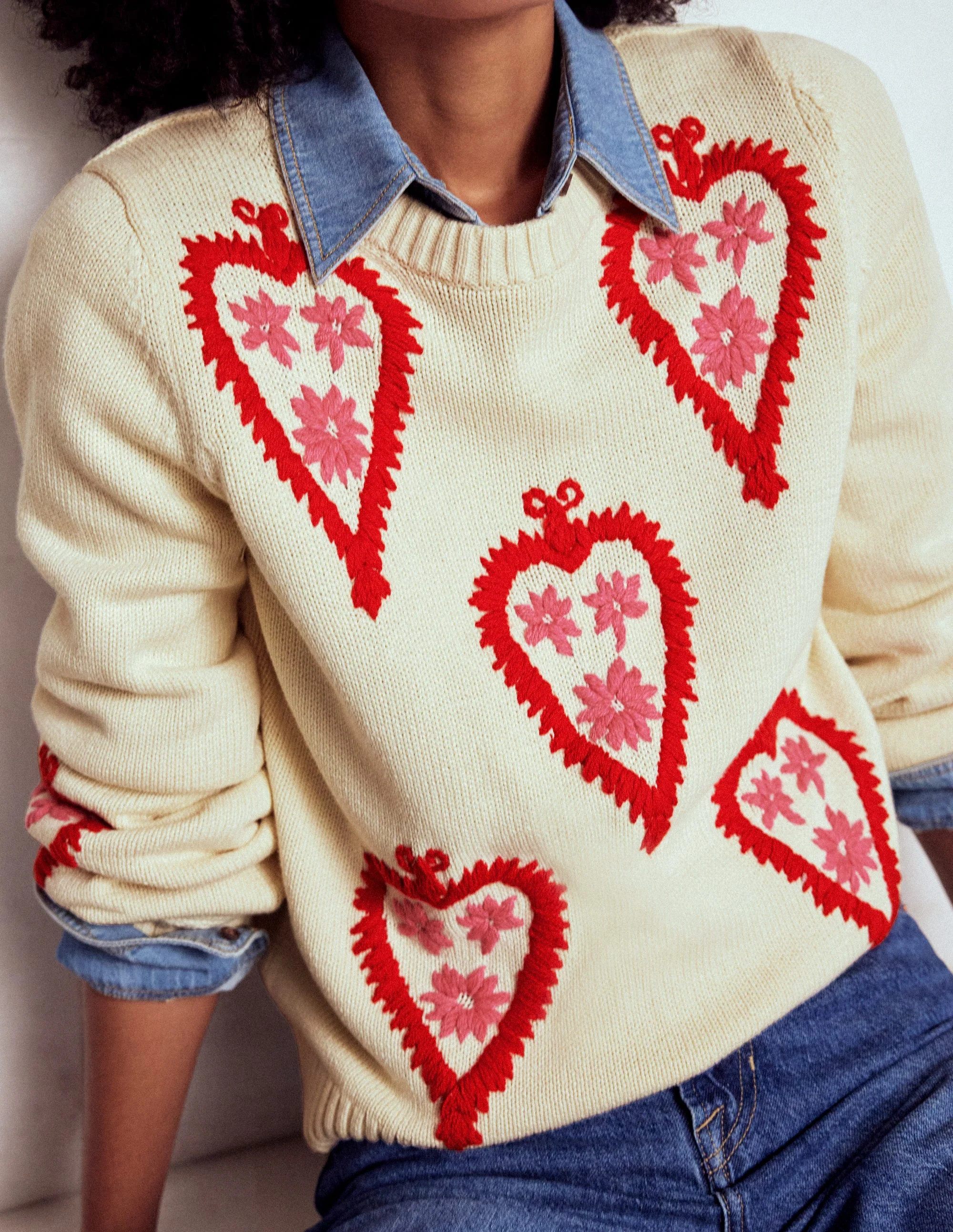 Graphic Embroidered Jumper-Warm Ivory, Hearts | Boden UK