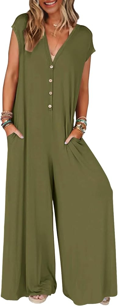 MEROKEETY Women's 2025 Summer Cap Sleeve Jumpsuits Deep V Neck Button Onesie Wide Leg Pants Rompe... | Amazon (US)