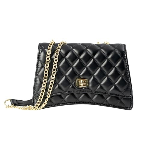 Quilted Shoulder Bag for Women with Golden Chain Strap and Curvilinear Base, Classic Black PU Leather Quilted Crossbody Handbag Purse | Amazon (US)