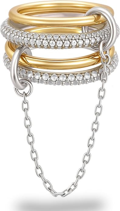 Gold Stackable Rings for Women, 14k Gold Plated Linked Chain Ring Set, Statement Cubic Zirconia I... | Amazon (US)