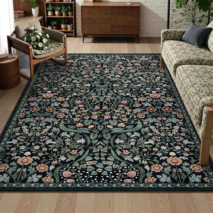 Lahome Floral Bedroom Rugs, 6x9 Black Area Rugs for Living Room, Boho Thin Stain Resistant Carpet... | Amazon (US)
