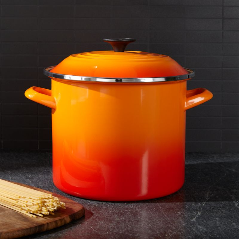 Le Creuset Flame Orange 8-Quart Enameled Stockpot + Reviews | Crate & Barrel | Crate & Barrel