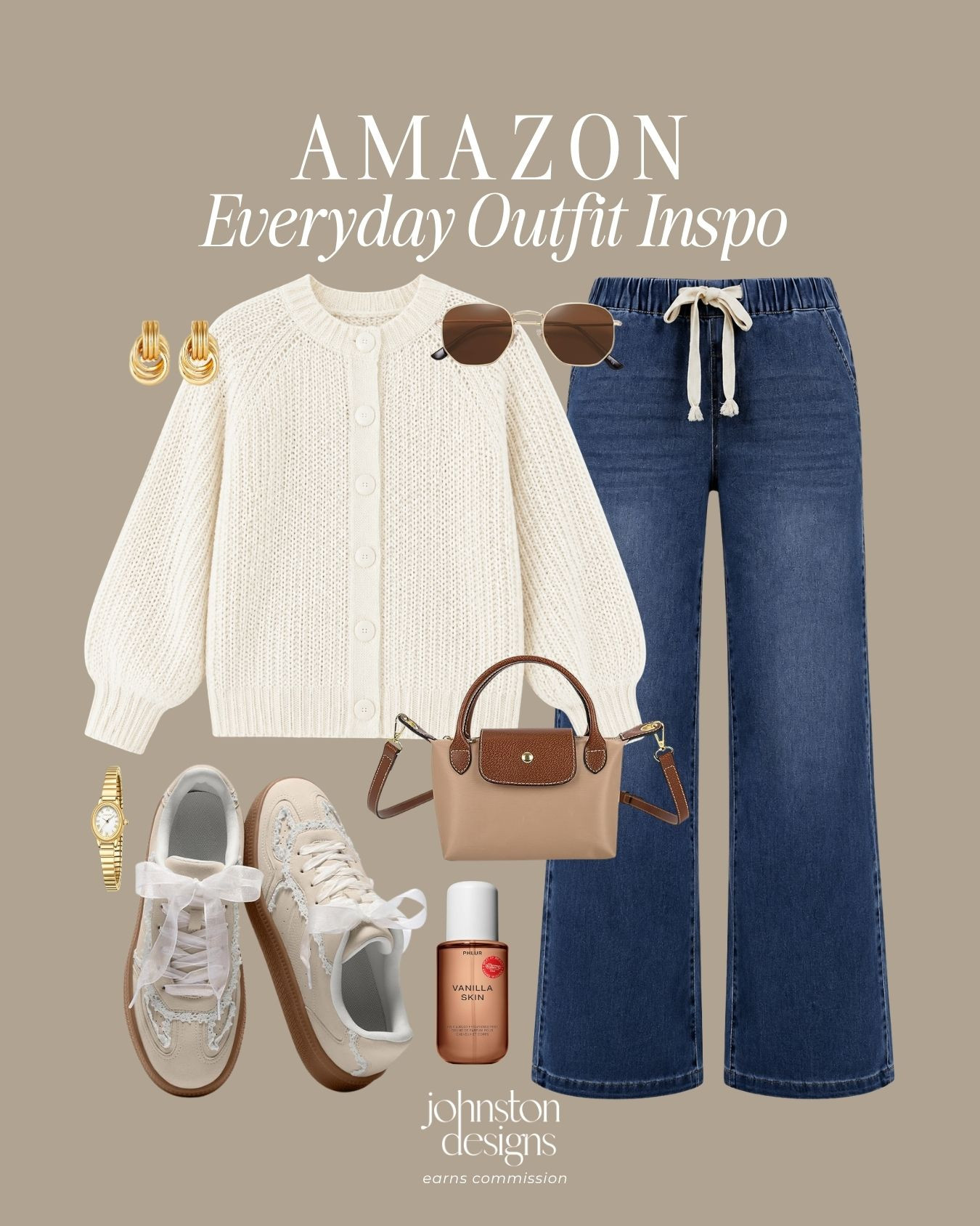 Effortless style and comfort for casual fall days. 🍂 A soft cream button-front cardigan pairs with easy drawstring wide-leg denim, finished with trendy lace-detailed sneakers, a mini crossbody tote, chunky gold jewelry, and a swipe of Vanilla Skin perfume oil.

Amazon everyday outfit inspo, cream cardigan sweater, drawstring wide leg jeans, lace detail sneakers, mini crossbody tote bag, gold hoop earrings, gold watch, tortoise sunglasses, vanilla skin perfume oil, casual fall outfits, women’s Amazon fashion

#amazonfinds #amazonfashion #everydaystyle #casualoutfit #fallfashion #creamcardigan #widelegdenim #lacesneakers #vanillaskin #streetstyle 

 #LTKootd