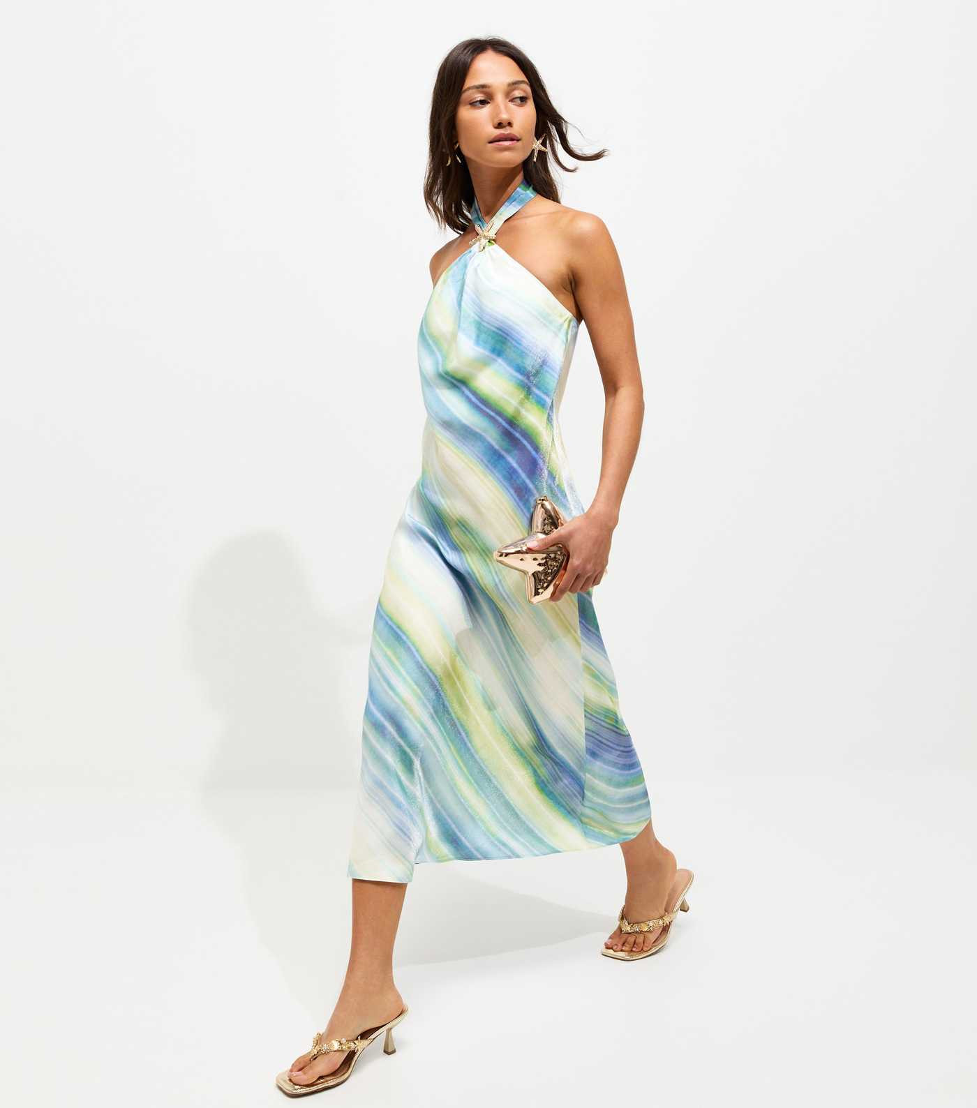 Blue Diagonal Blurry Stripe Halterneck Midi Dress | New Look | New Look (UK)
