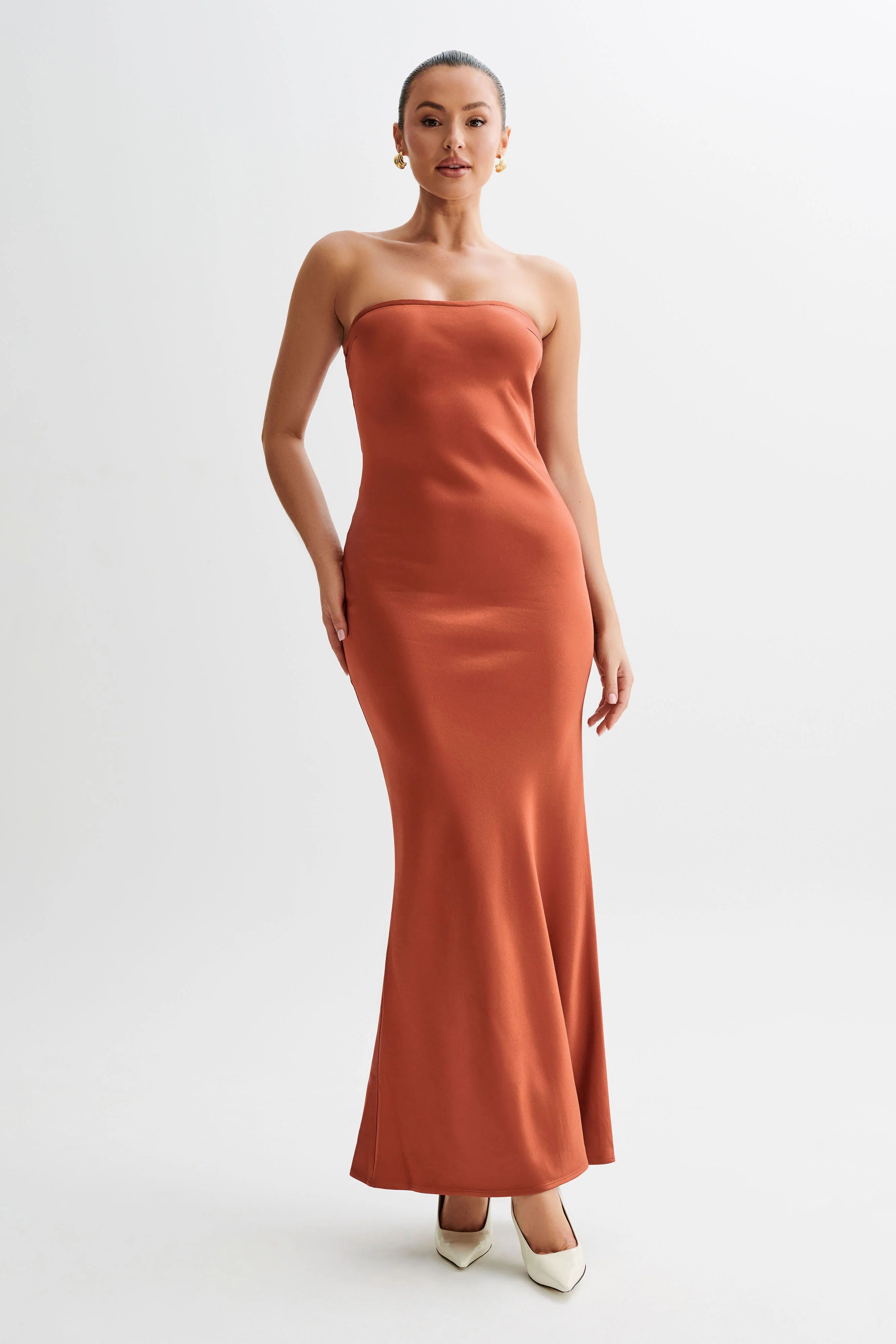 Claudette Strapless Satin Maxi Dress - Burnt Orange | MESHKI US