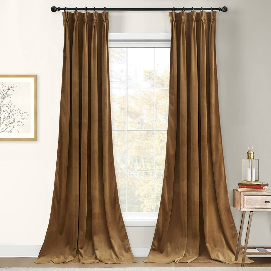 StangH Gold Brown Velvet Blackout Curtains 96 inches - Pinch Pleated Back Tab Thermal Insulated W... | Amazon (US)