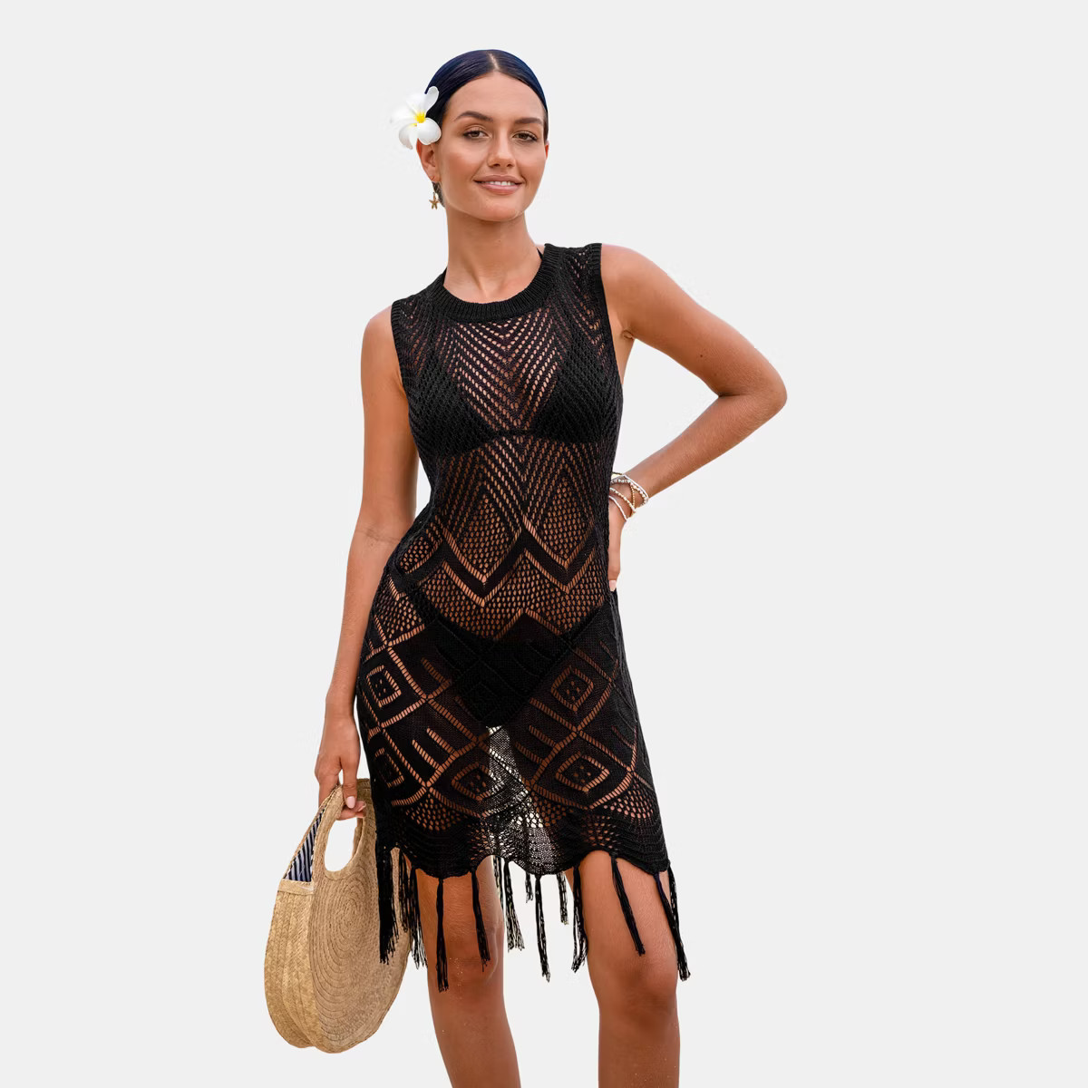 Women's Black Crochet Fringe Hem Cover-Up Dress - Cupshe | Target
